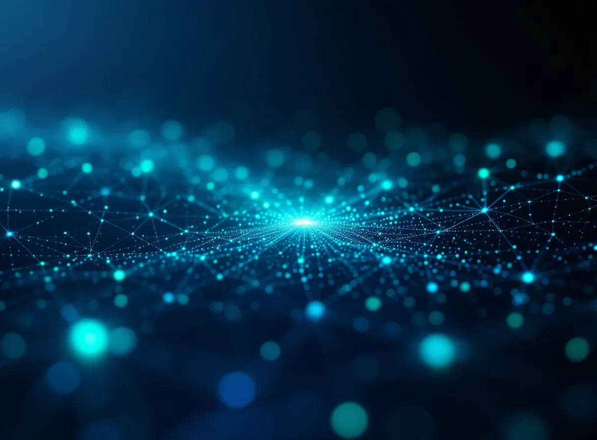 Fine glowing graph topology of interconnected indigo-cyan-emerald nodes on slate-blue-black