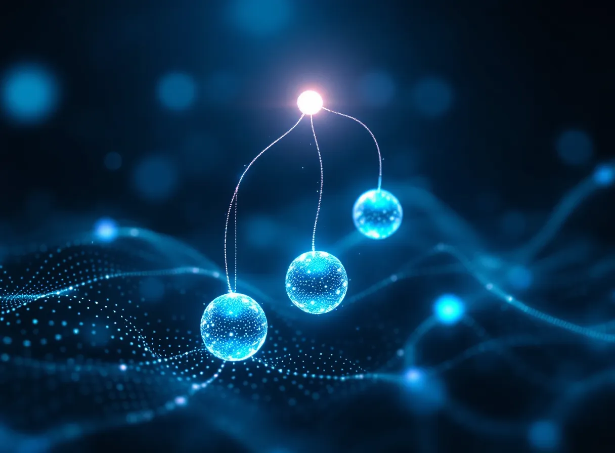 Abstract branching GLP-1 signaling cascade rendered as a glowing indigo-cyan-emerald network on slate-blue-black