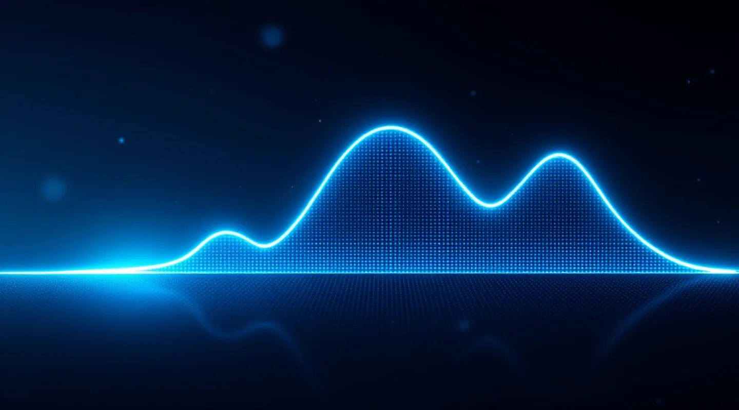 Glowing indigo-cyan-emerald ribbon curve showing a stepped rise to a broad plasma plateau on slate-blue-black