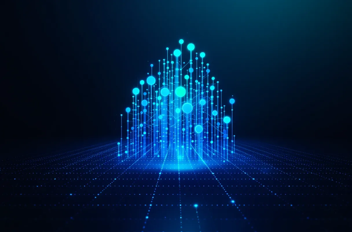 Abstract floating lattice of glowing indigo-cyan-emerald nodes suggesting comparative trial outcomes on slate-blue-black