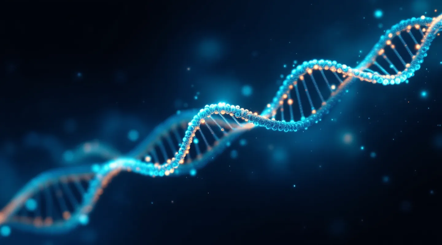 Glowing indigo-to-emerald node-and-edge model of an abstract peptide chain over a faint dot-grid on slate-blue-black